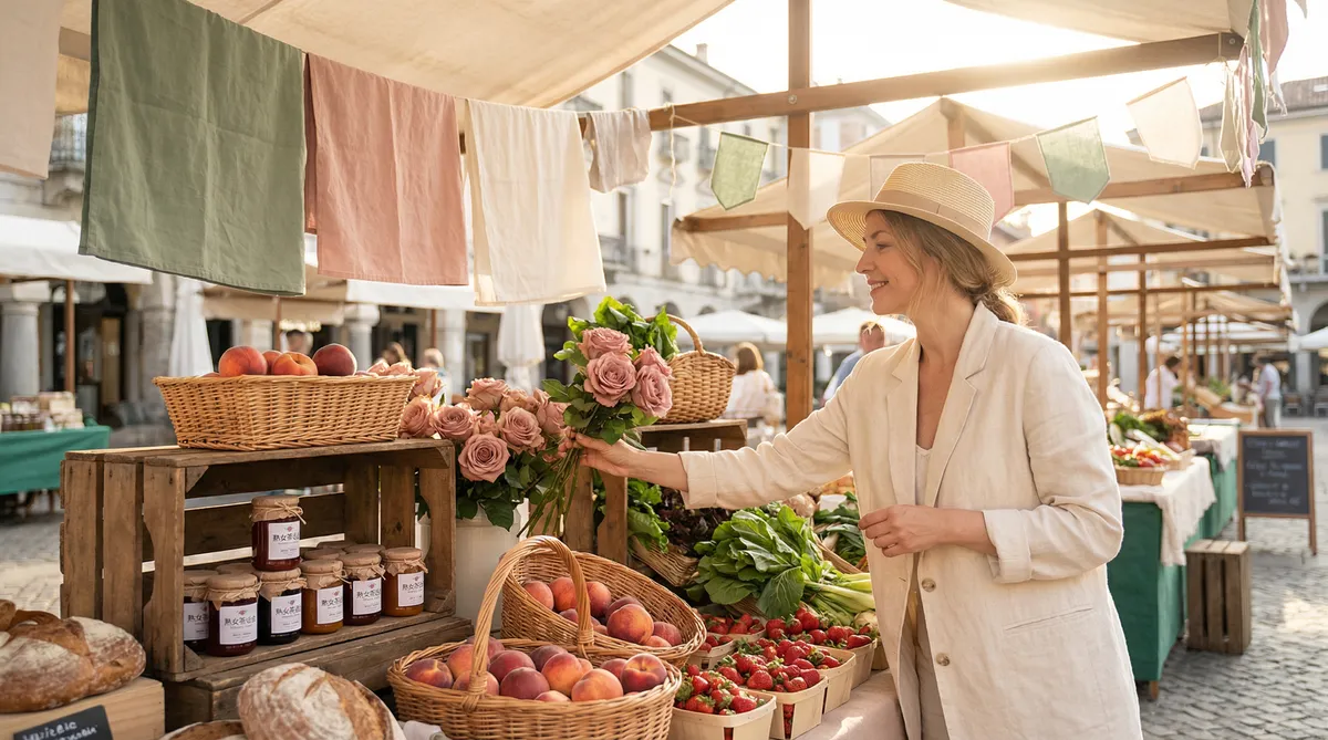 带孩子逛农贸市场的年轻妈妈
